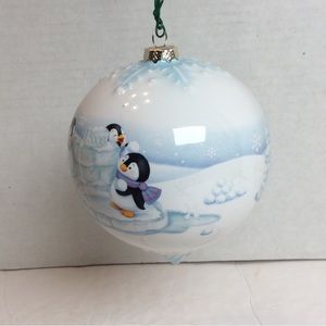 Hallmark Keepsake Ornament Having A Snow Ball Ceramic Tear Drop Penguins 2008